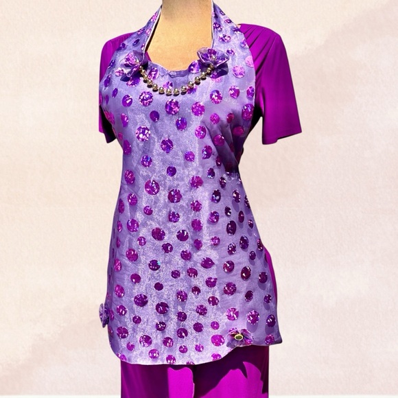 Handmade Hostess Apron Purple Sequin Print Tie Back Faux Gold Bead Necklace OS - Picture 4 of 12